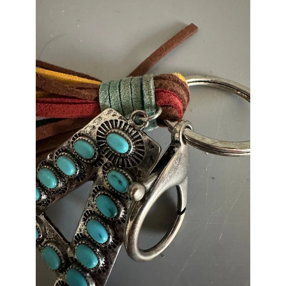 Western Initial A Keychain Turquoise Stone Silver Tone Tassel Bag Charm Boho